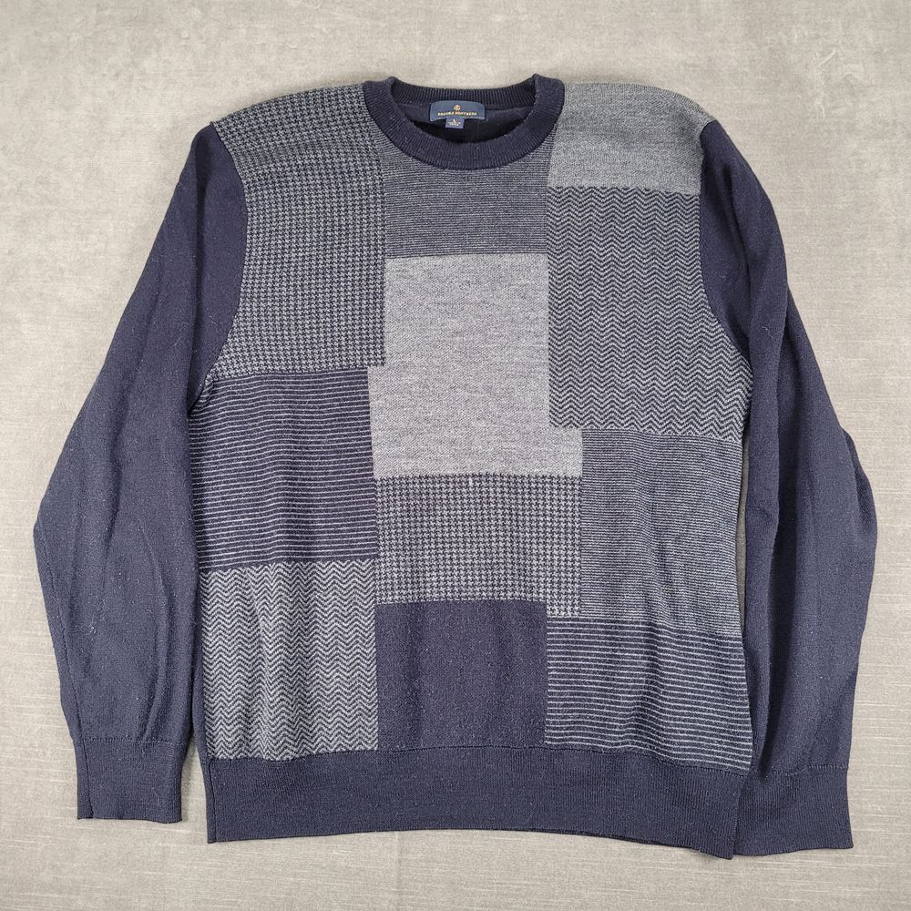 Brooks Brothers Patchwork Pattern Crewneck Sweater Wool Mix Knit Gray Blue L